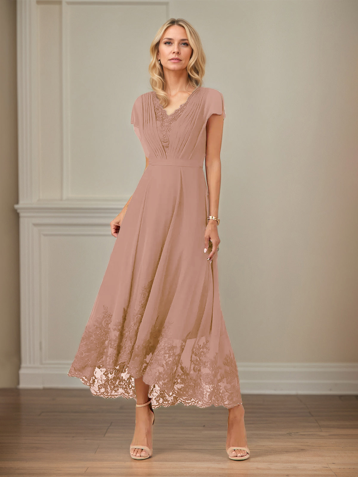 A Line V Neck Flutter Sleeve Ankle Length Chiffon Dress With Appliques