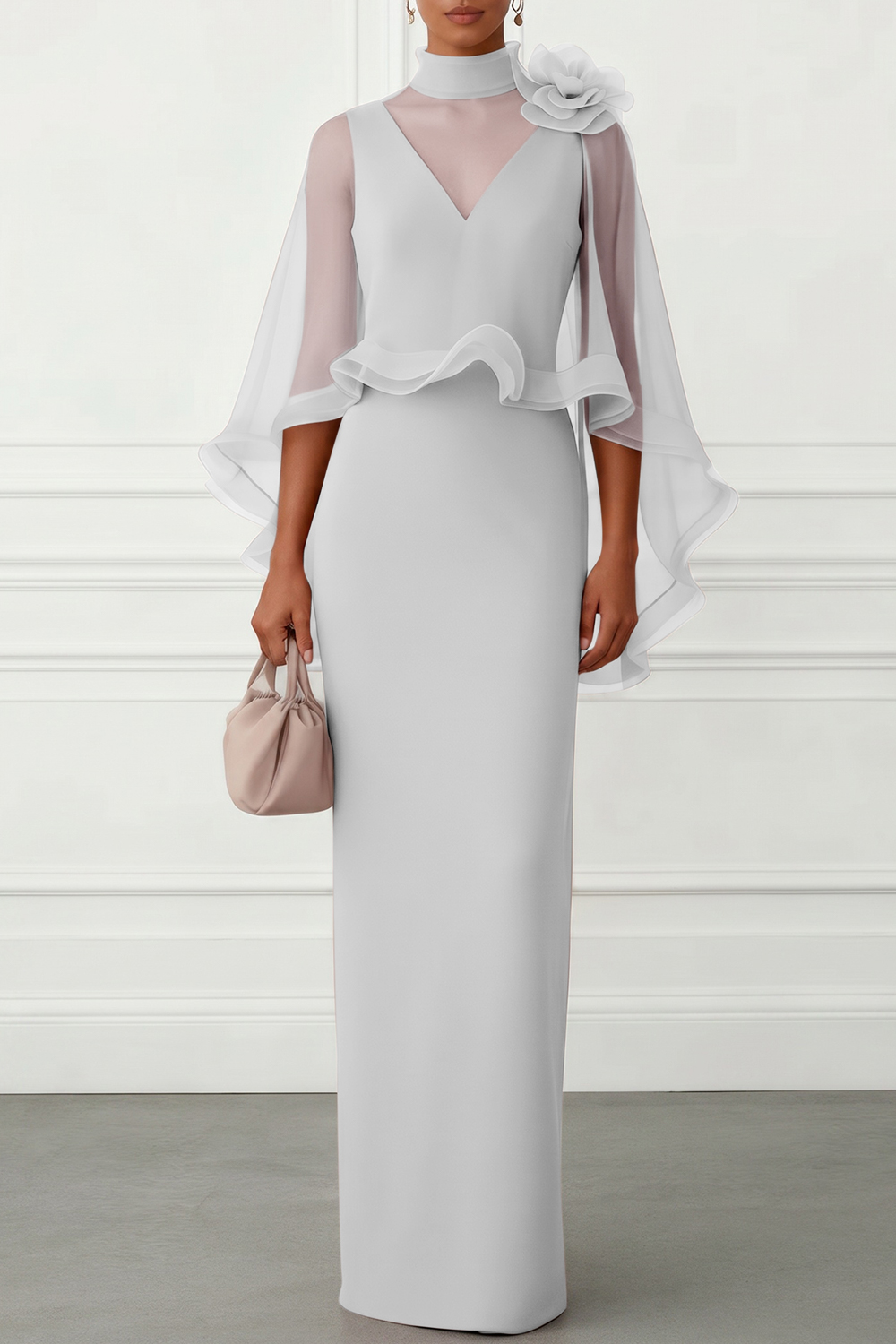 Nudepink 3D Floral Mesh Classic Mock Neck Half Sleeve Sheath Floor-length Gown Dress