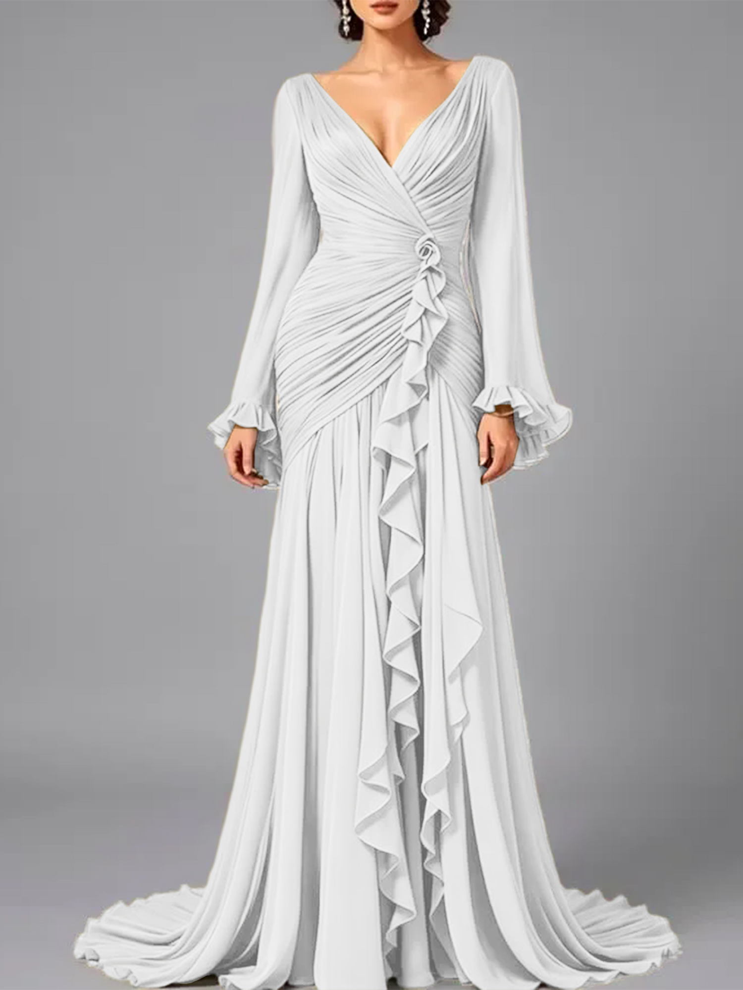 V-Neck Sheer Long Sleeve Ruffled Chiffon Dress
