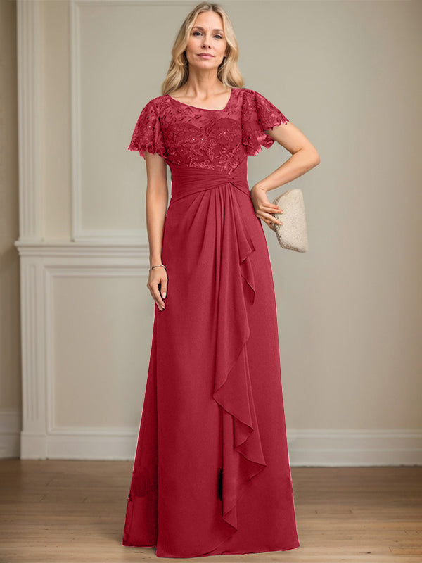 A-line Asymmetrical Illusion Floor-Length Lace Chiffon Mother of the Bride Dress With Cascading Ruffles Sequins