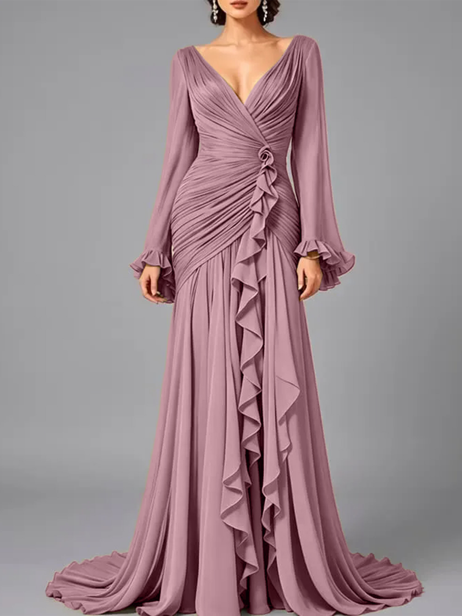 V-Neck Sheer Long Sleeve Ruffled Chiffon Dress