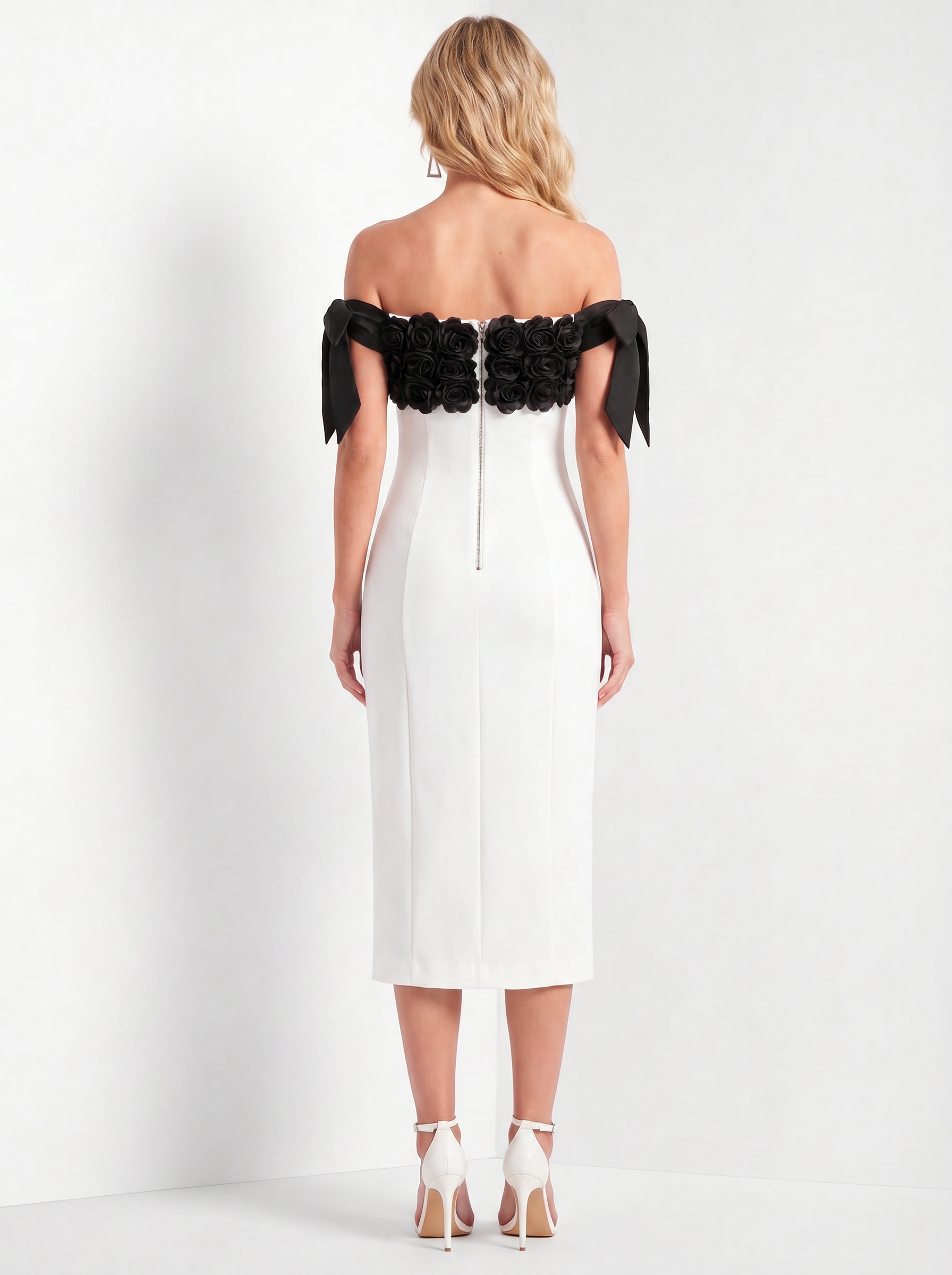 White Off-the-Shoulder 3D Floral Embellished Sheath Midi Dress