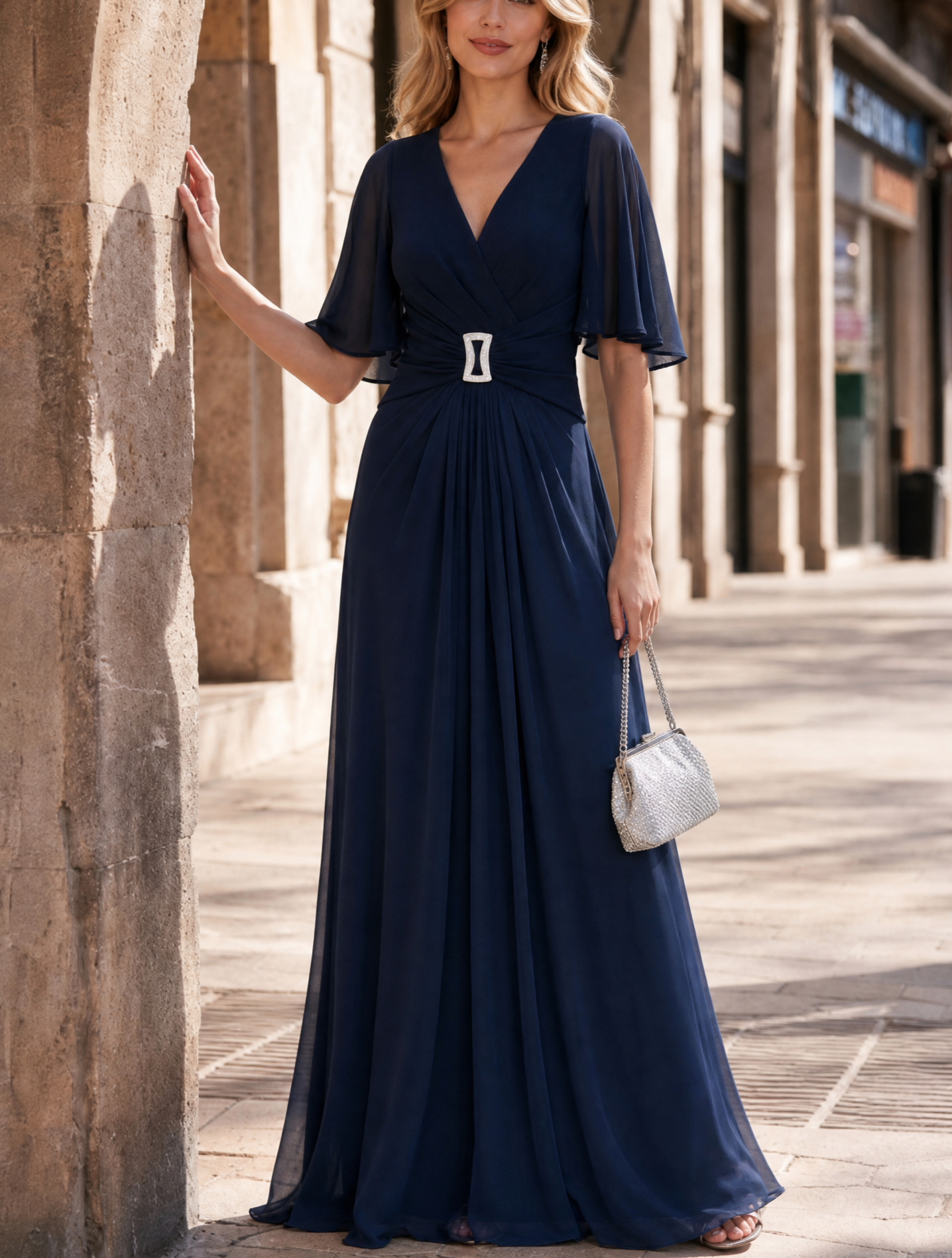 Flutter Sleeve Rhinestone Belt Chiffon Gown