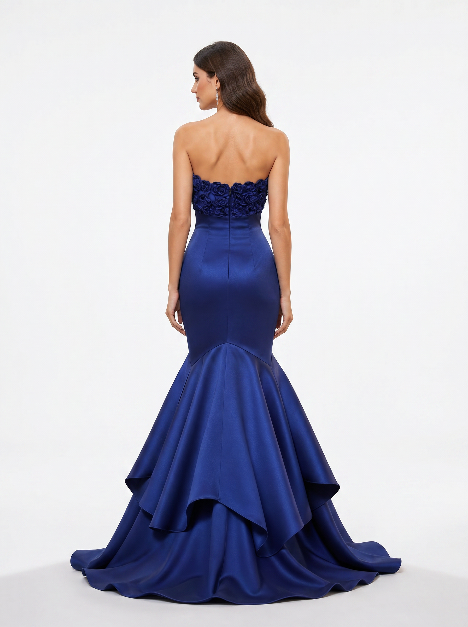 Royal Blue Strapless 3D Floral Embellished Satin Mermaid Gown with Train