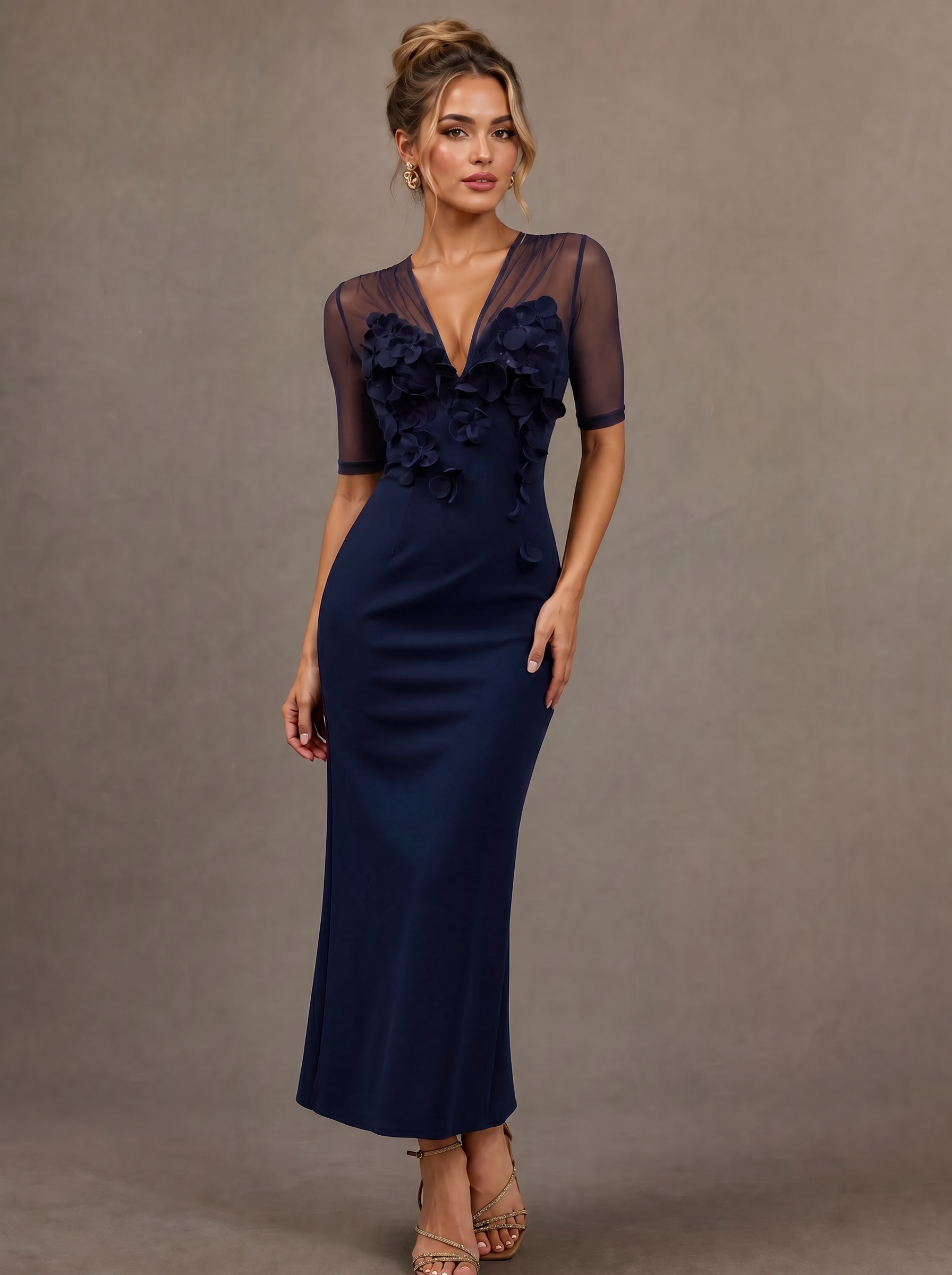 Sheer Mesh V Neck 3D Floral Embellished Sheath Midi Dress