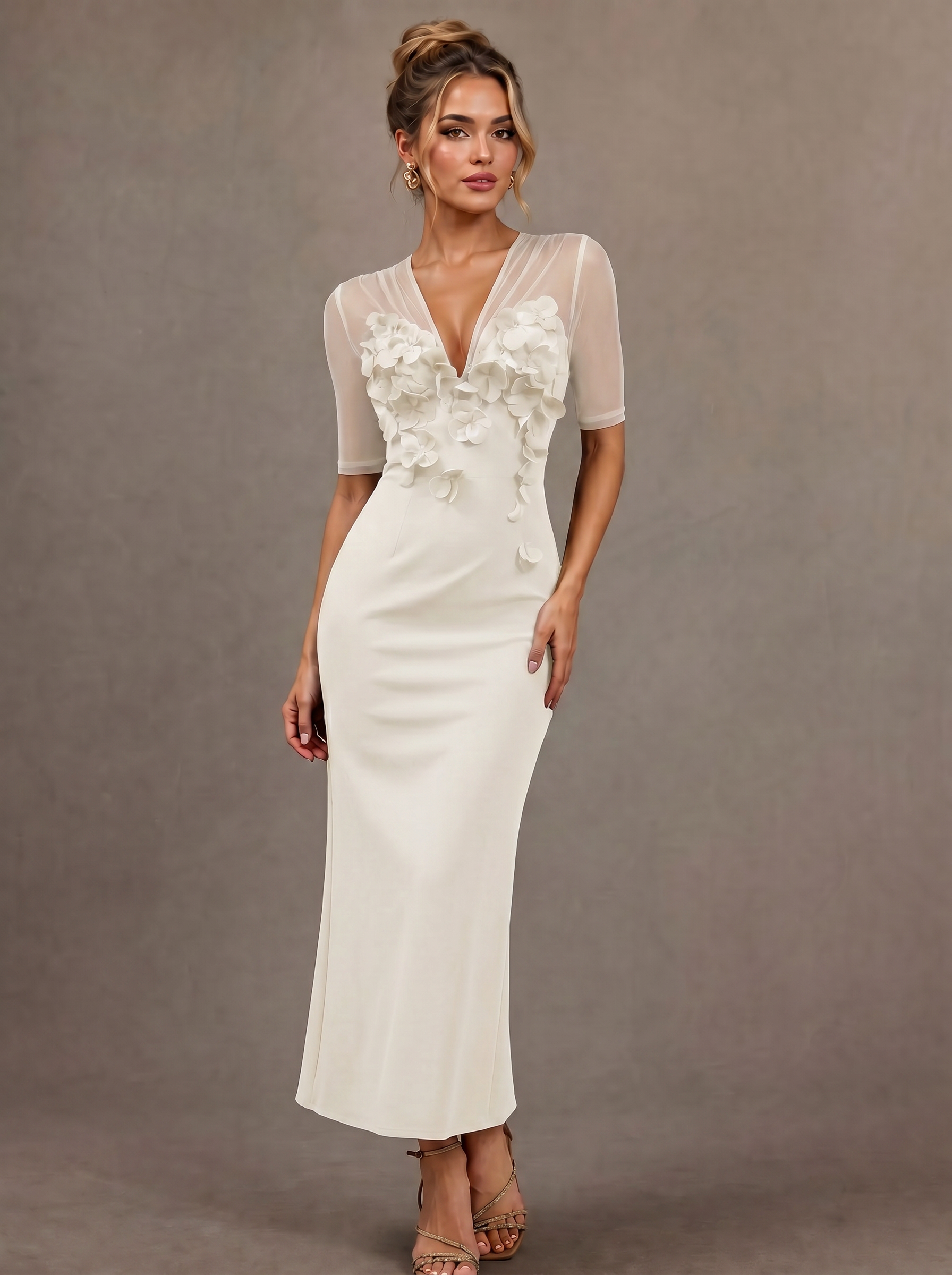 Sheer Mesh V Neck 3D Floral Embellished Sheath Midi Dress