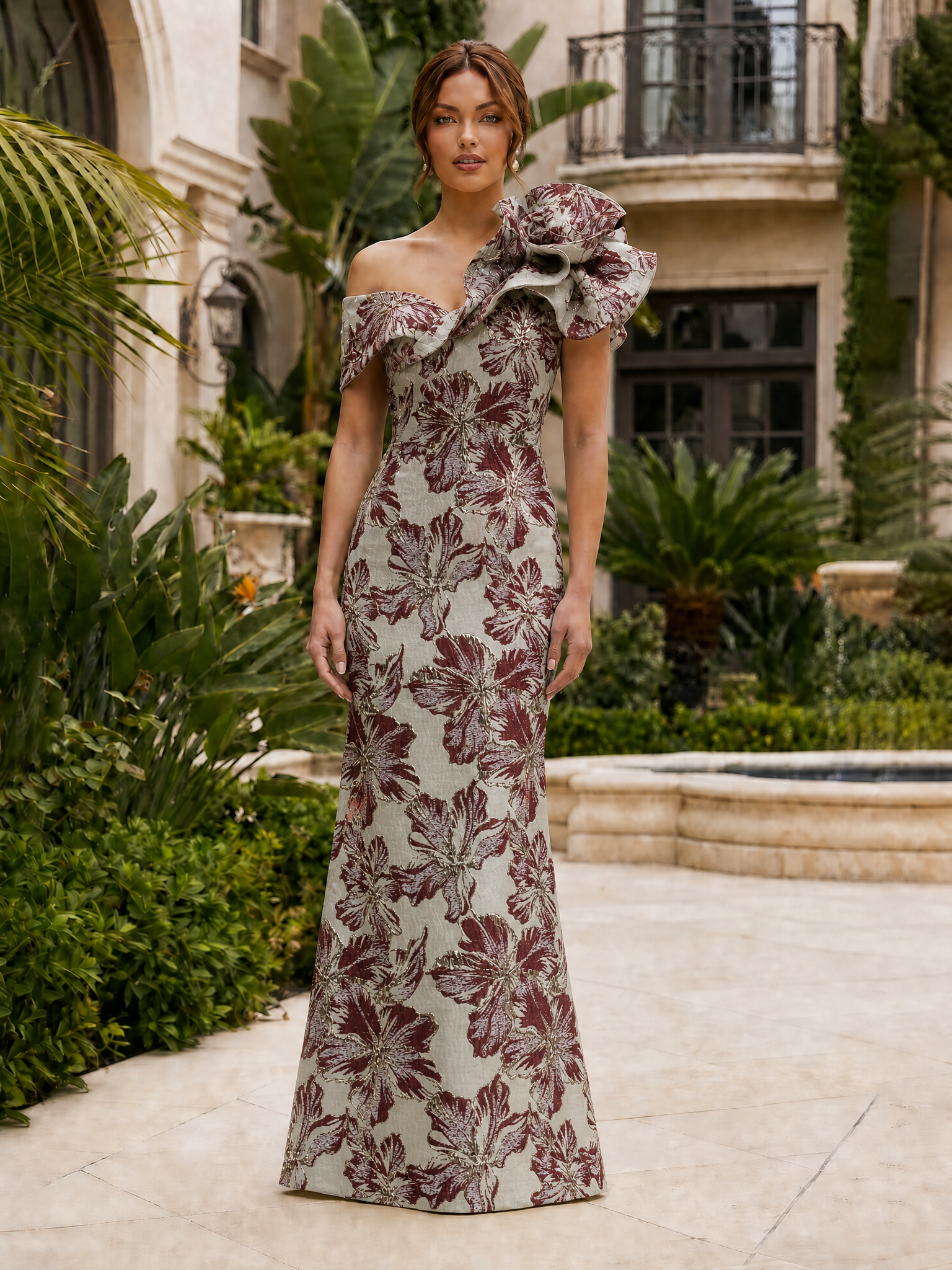 One-Shoulder Ruffled Floral Jacquard Mermaid Maxi Dress