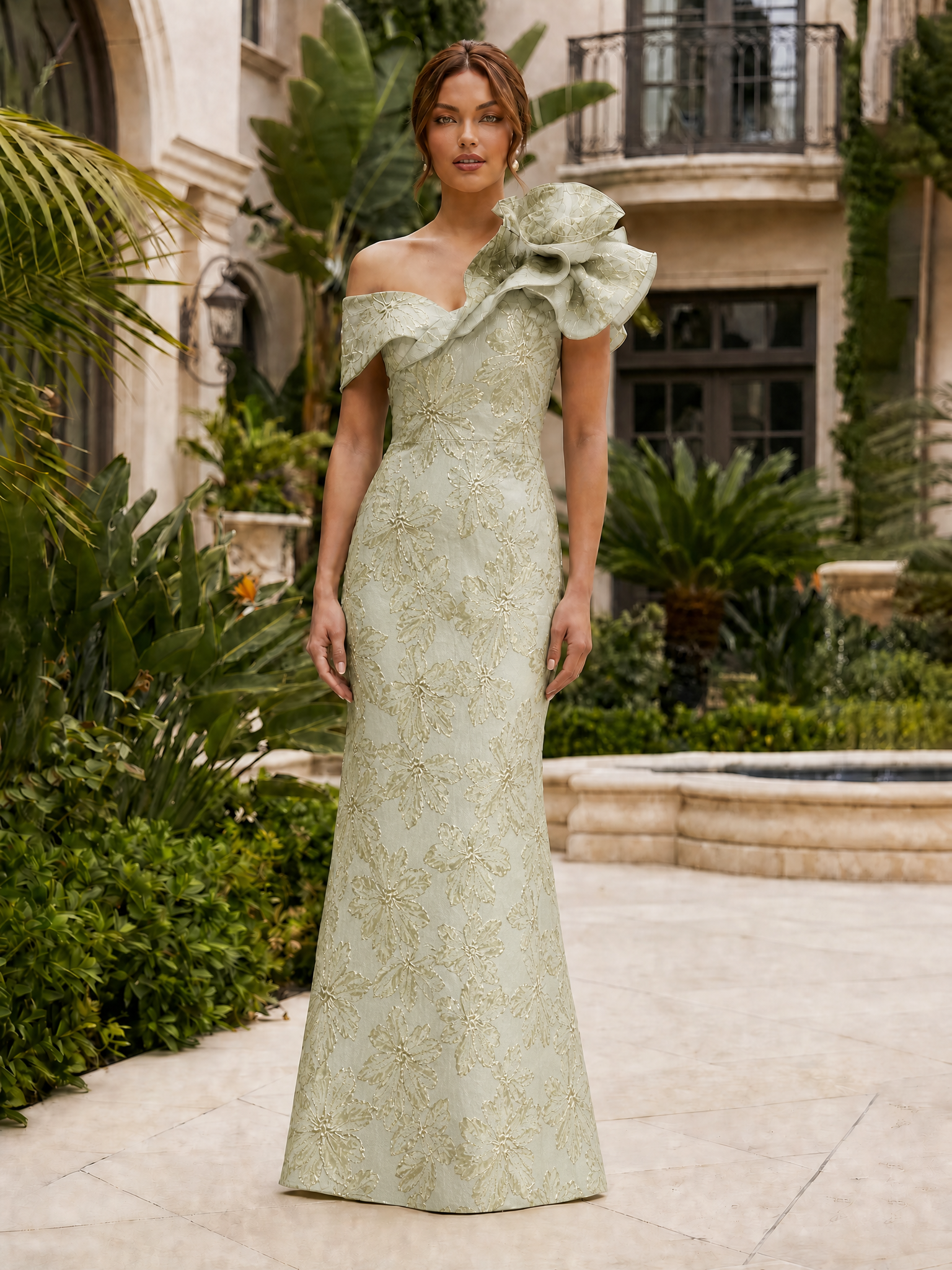 One-Shoulder Ruffled Floral Jacquard Mermaid Maxi Dress