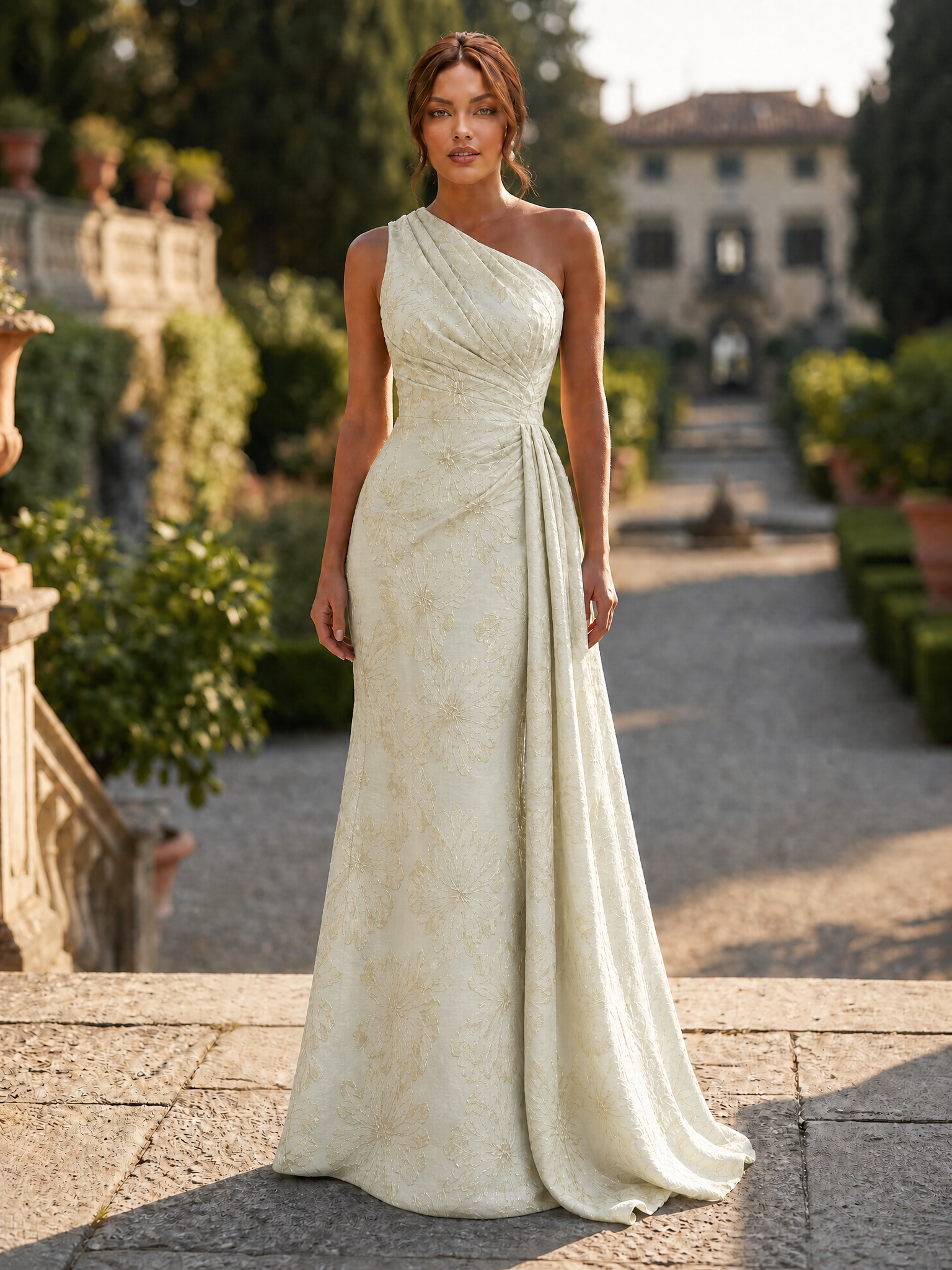 One-Shoulder Floral Jacquard Draped Mermaid Maxi Dress