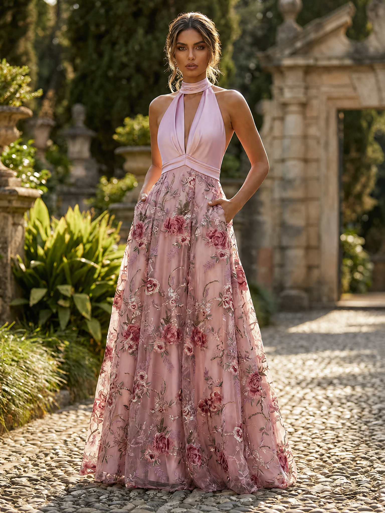 Halter Neck 3D Floral Embroidered A-Line Gown with Pockets & Open Back