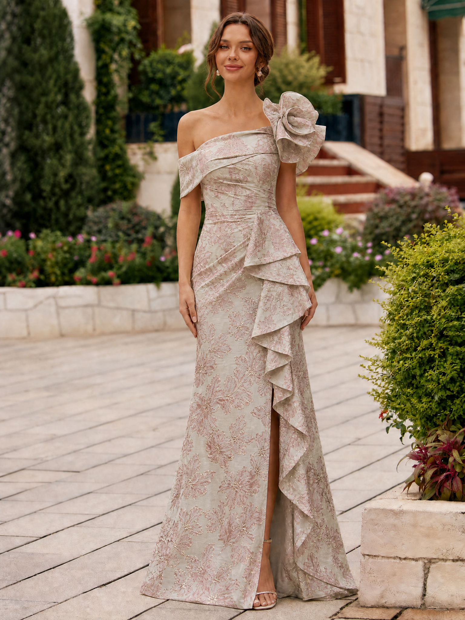 One-Shoulder 3D Floral Ruffled Jacquard Mermaid Maxi Dress