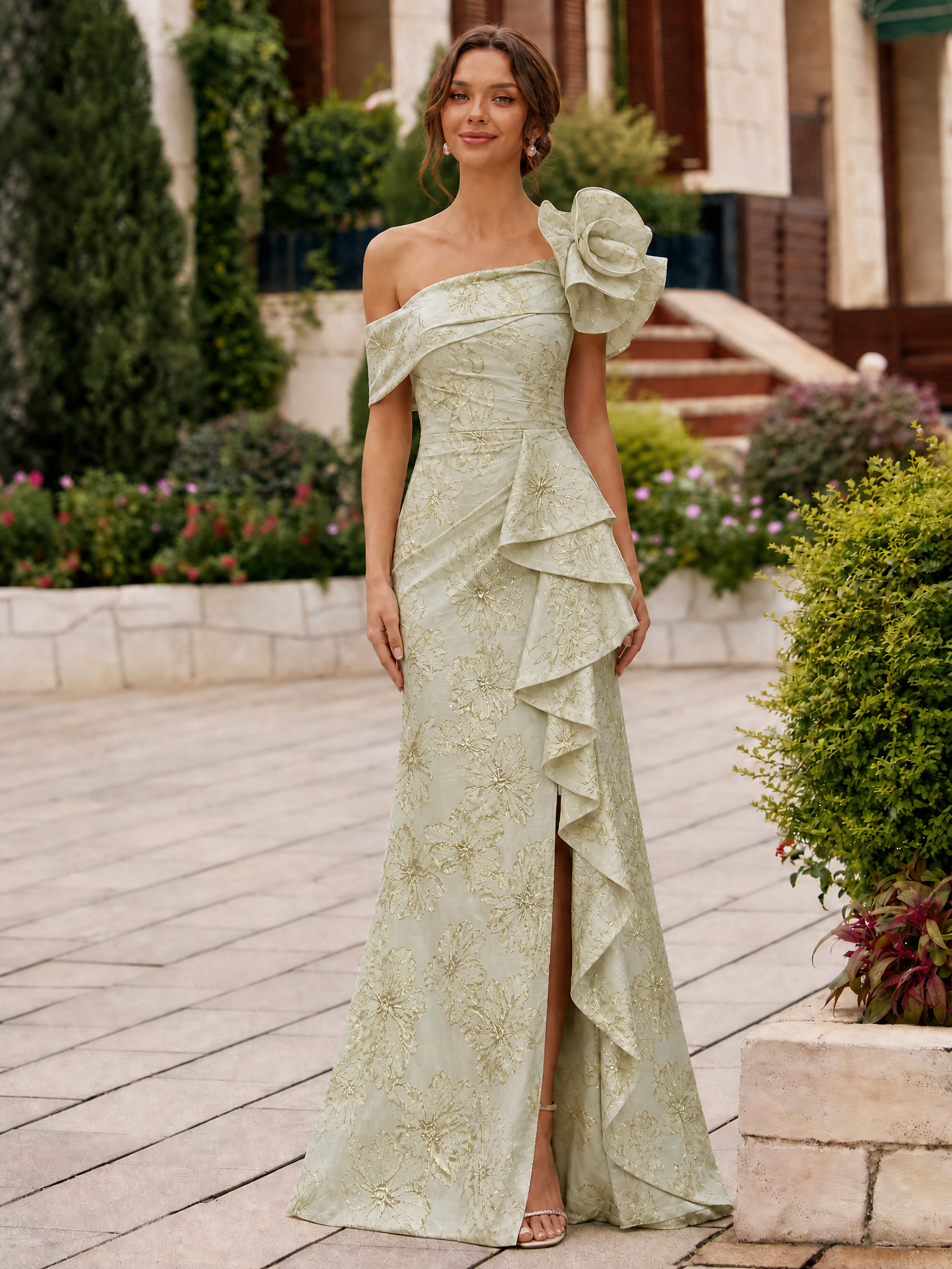 One-Shoulder 3D Floral Ruffled Jacquard Mermaid Maxi Dress