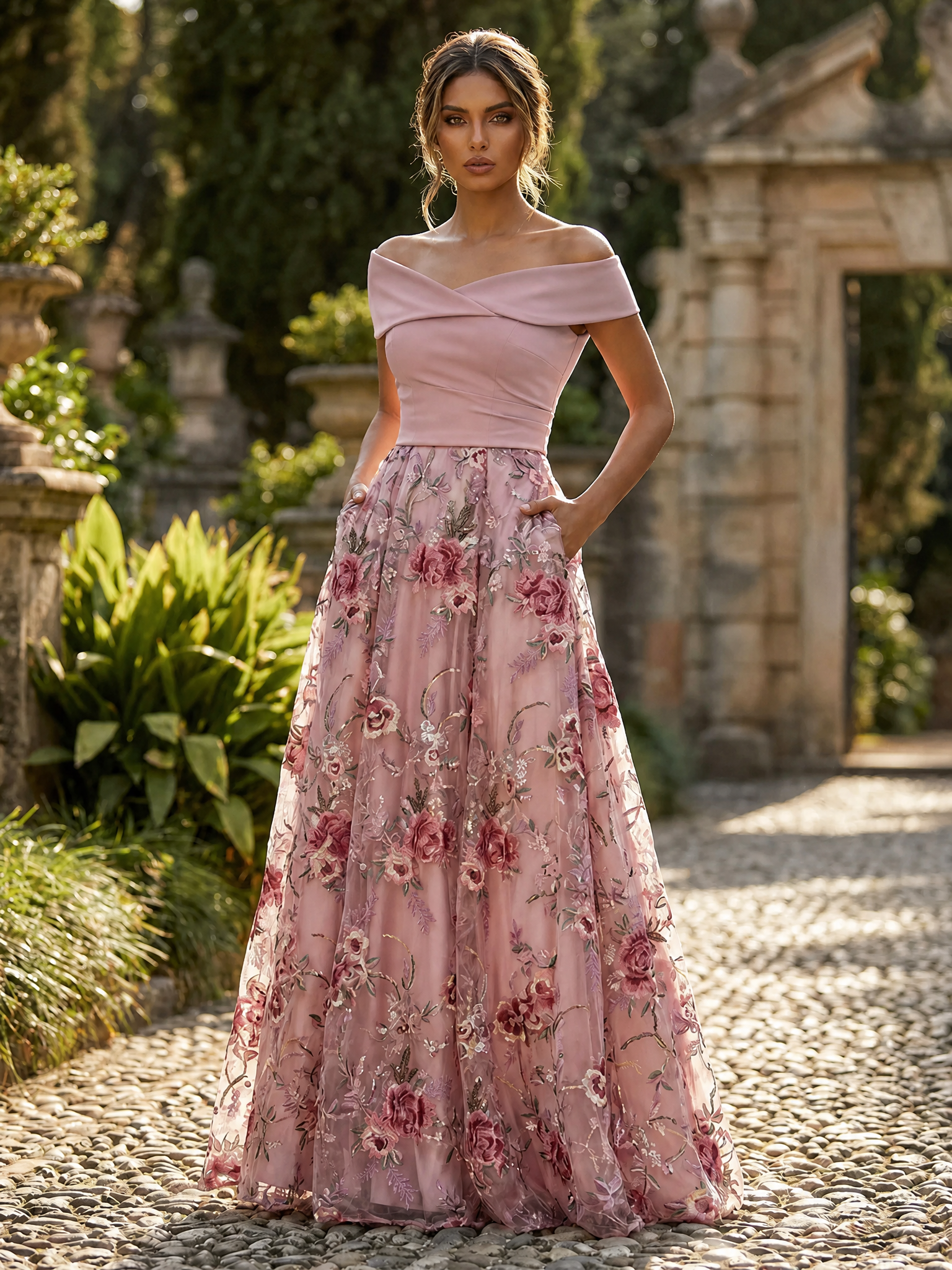 Off-the-Shoulder 3D Floral Embroidered A-Line Gown with Pockets