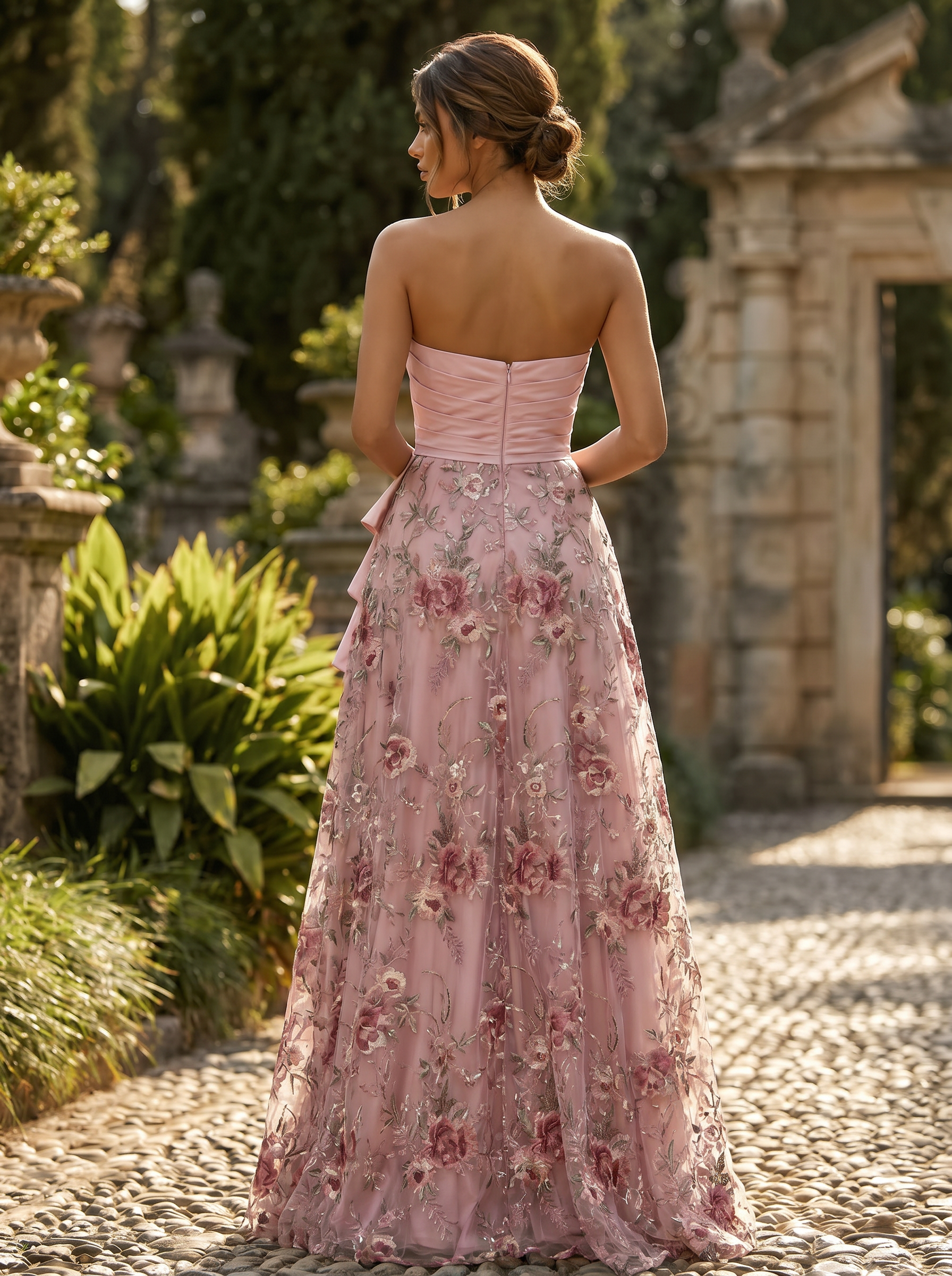 Strapless Ruffled 3D Floral Embroidered A-Line Gown with Pockets