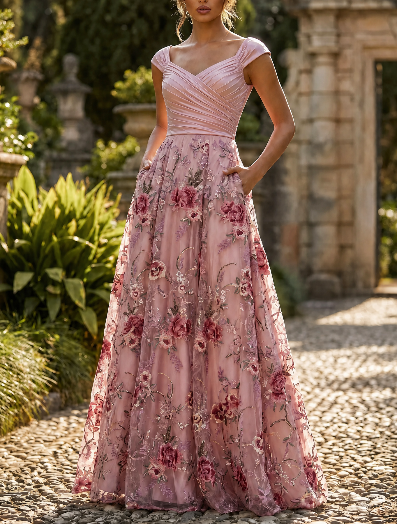 Cap Sleeve V Neck 3D Floral Embroidered A-Line Gown with Pockets