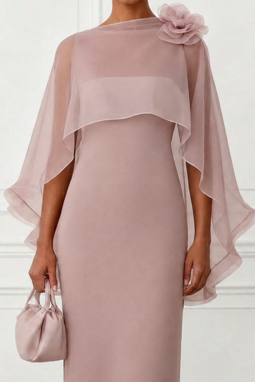 Pink Sheer Shawl Midi Formal Dress