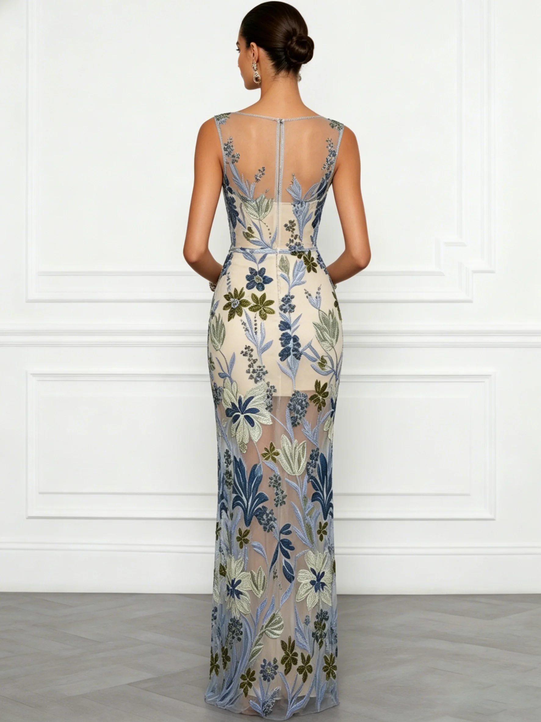 Blue Embroidery Classic Boat Neck Sleeveless Mermaid Floor-length Gown Dress