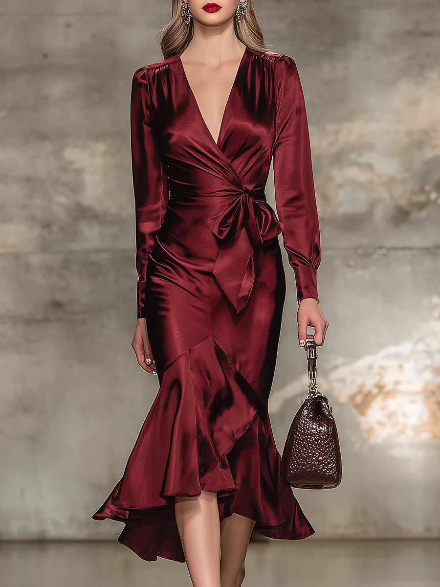 Elegant Burgundy V-neck Midi Dress With Bow Tie Detail
