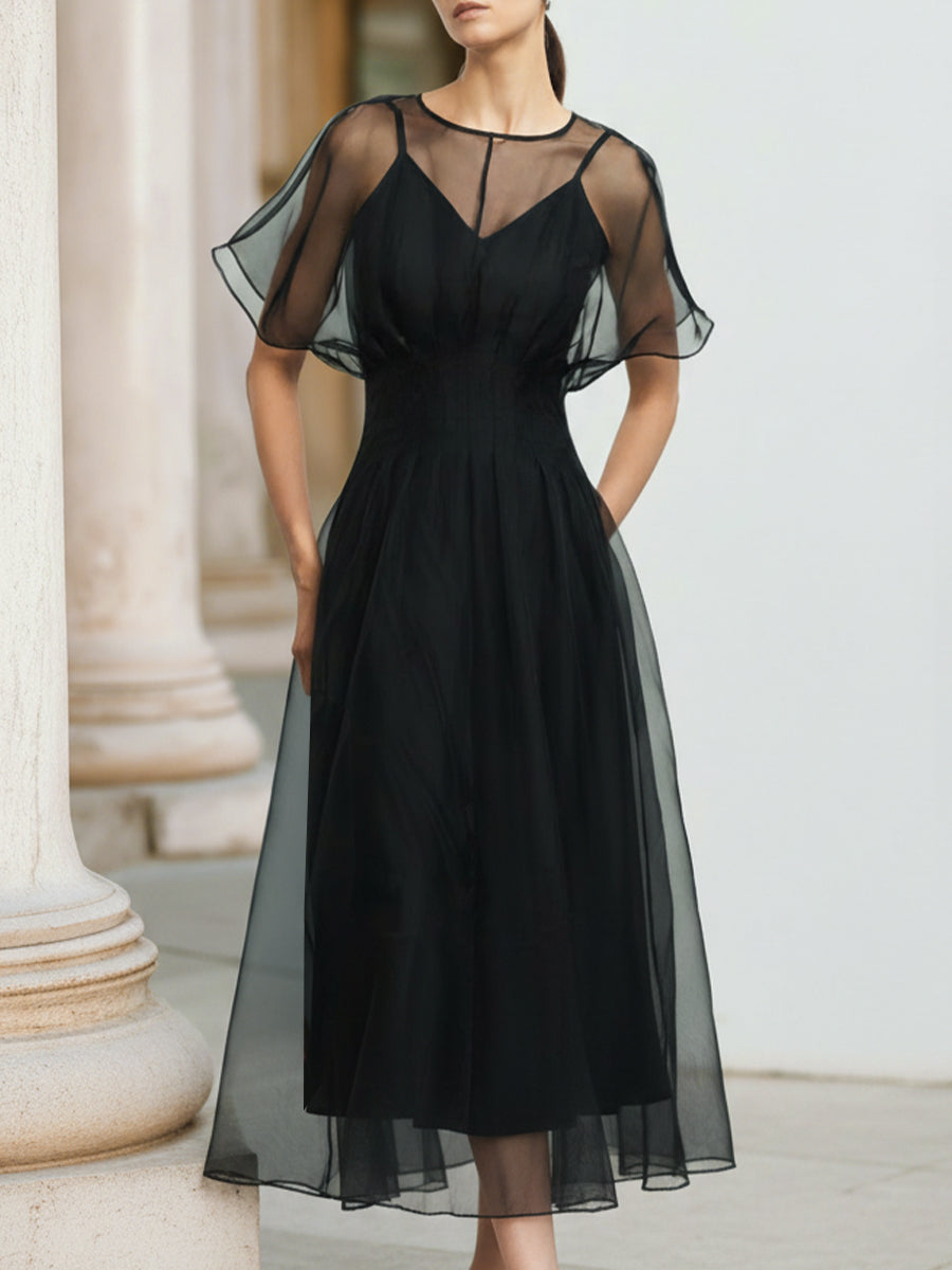 Black Elegant Sheer Overlay Midi Dress