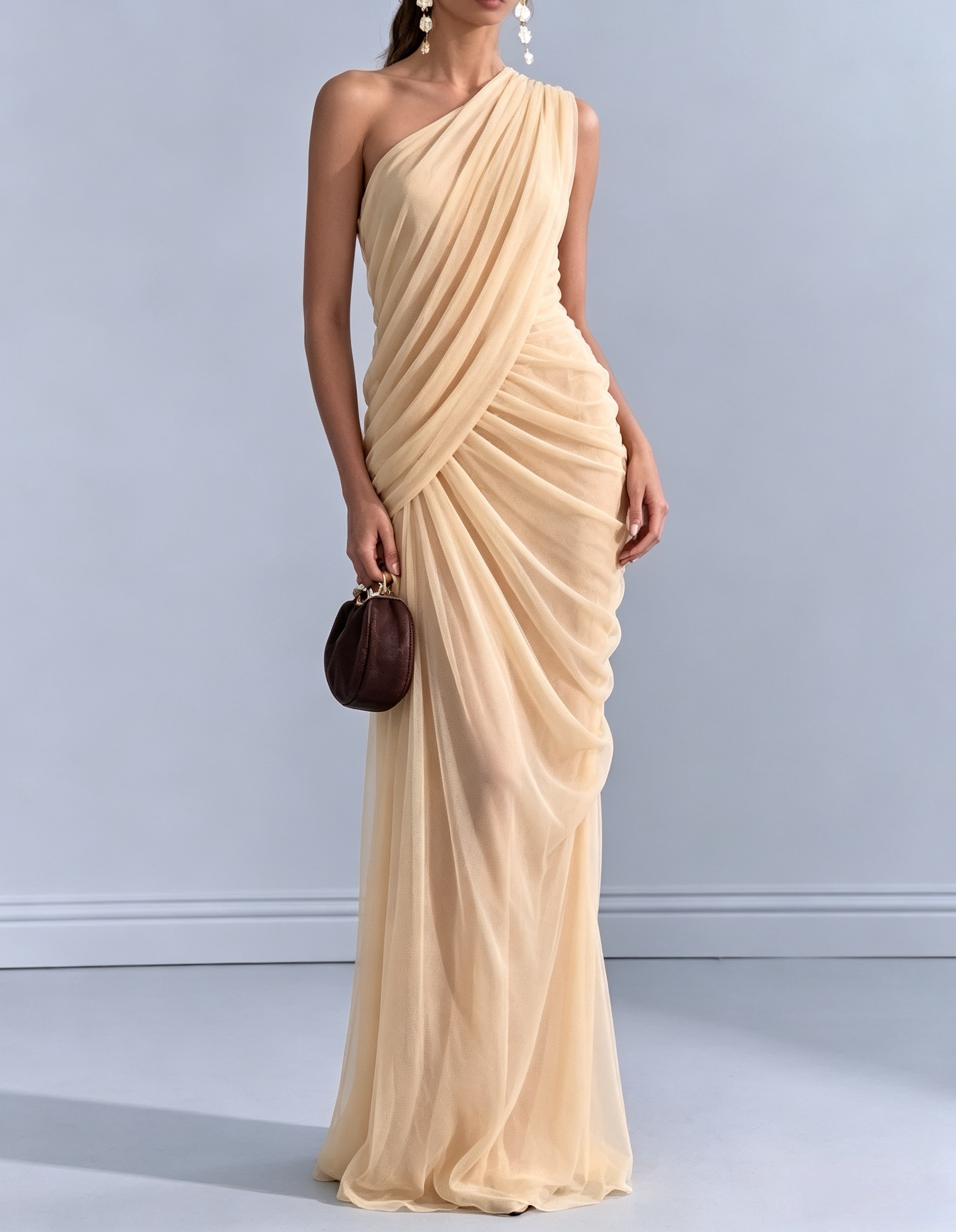 Chiffon One-Shoulder Fitted Waist Fishtail Maxi Dress