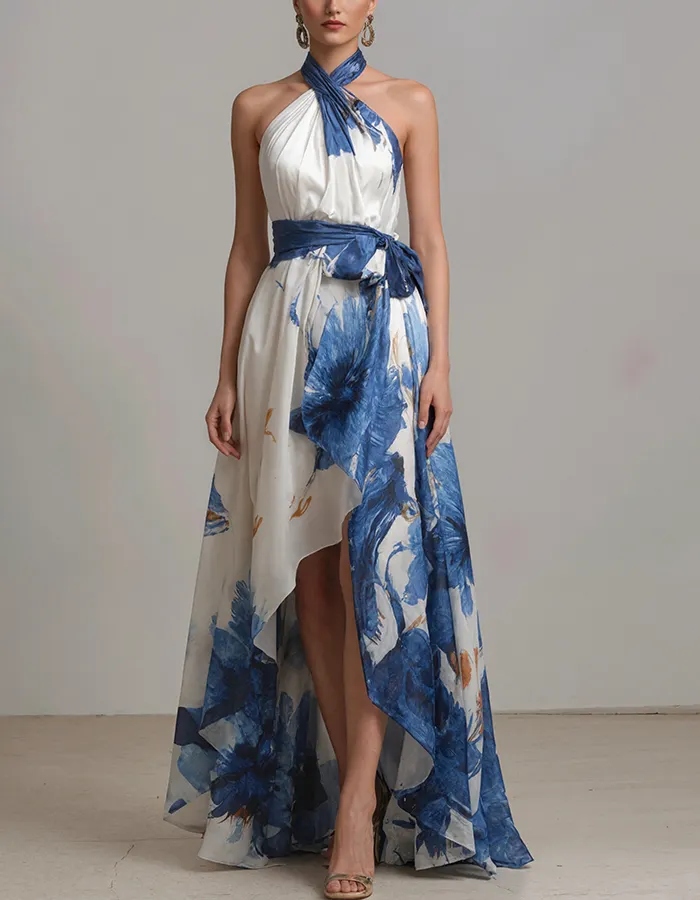White And Blue Ink Wash Floral Print Halter Neck Maxi Dress