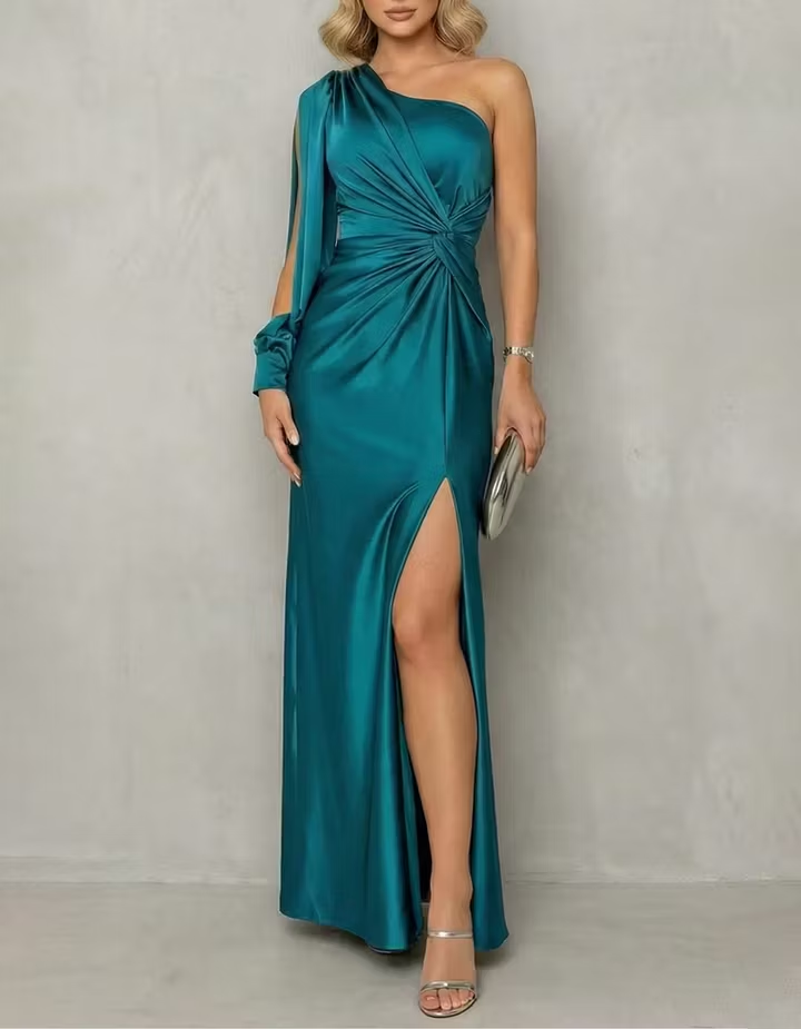Satin One-Shoulder Hollow-Out Puff Sleeve Slit Maxi Dress