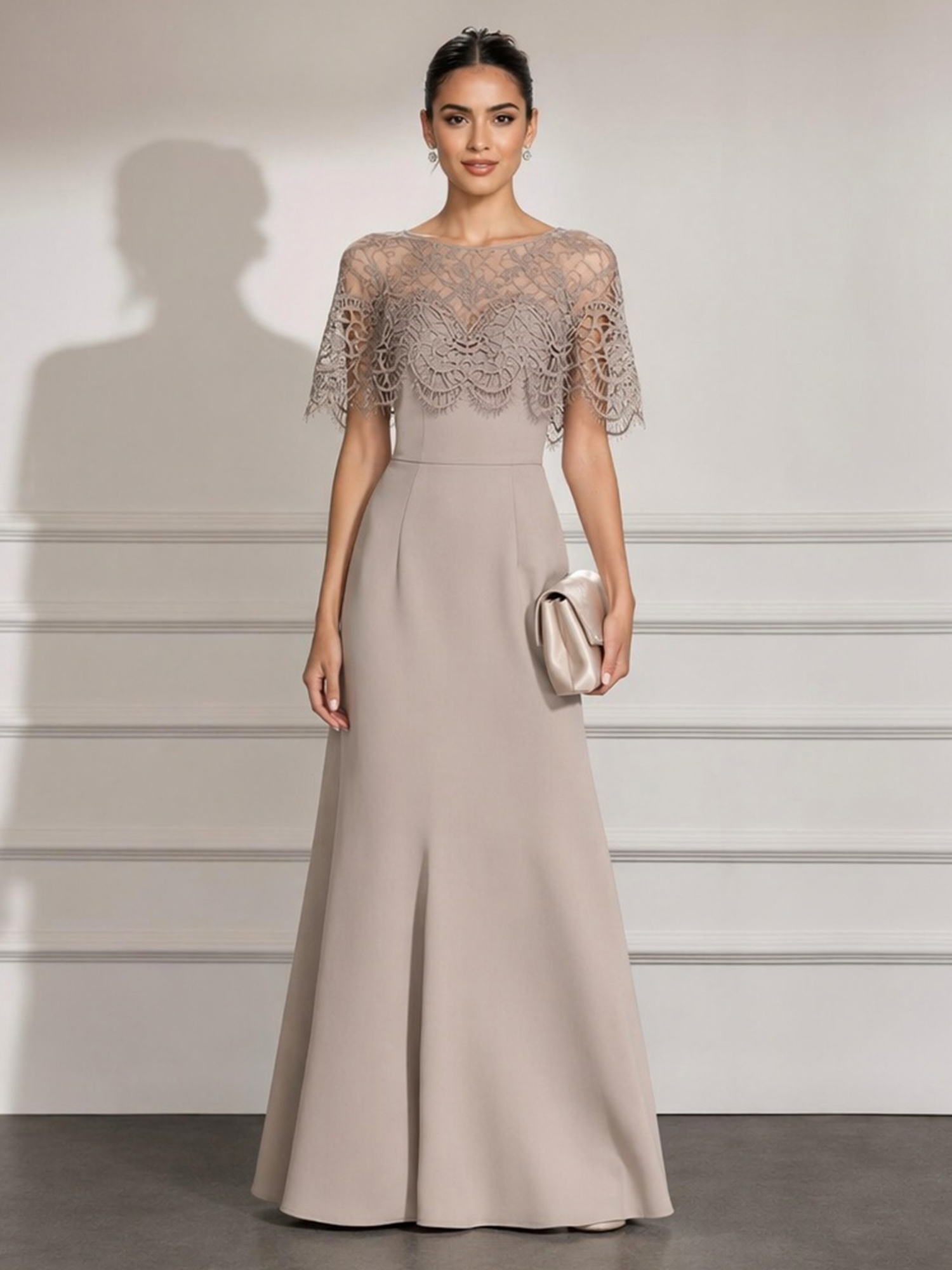 Taupe Lace Capelet Mermaid Maxi Dress