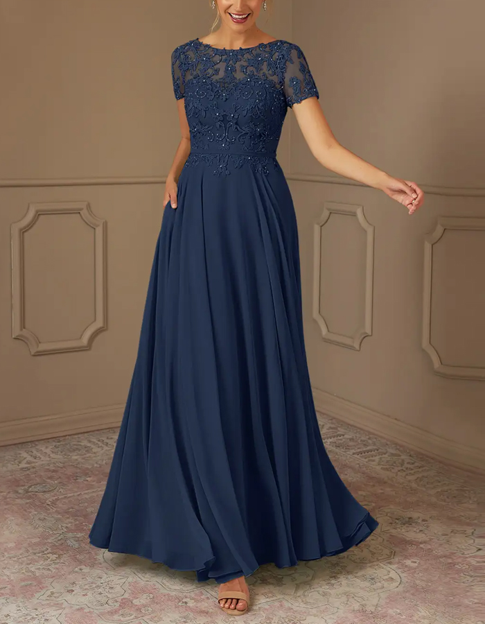 Dark Navy Sequined Chiffon A-Line Maxi Dress