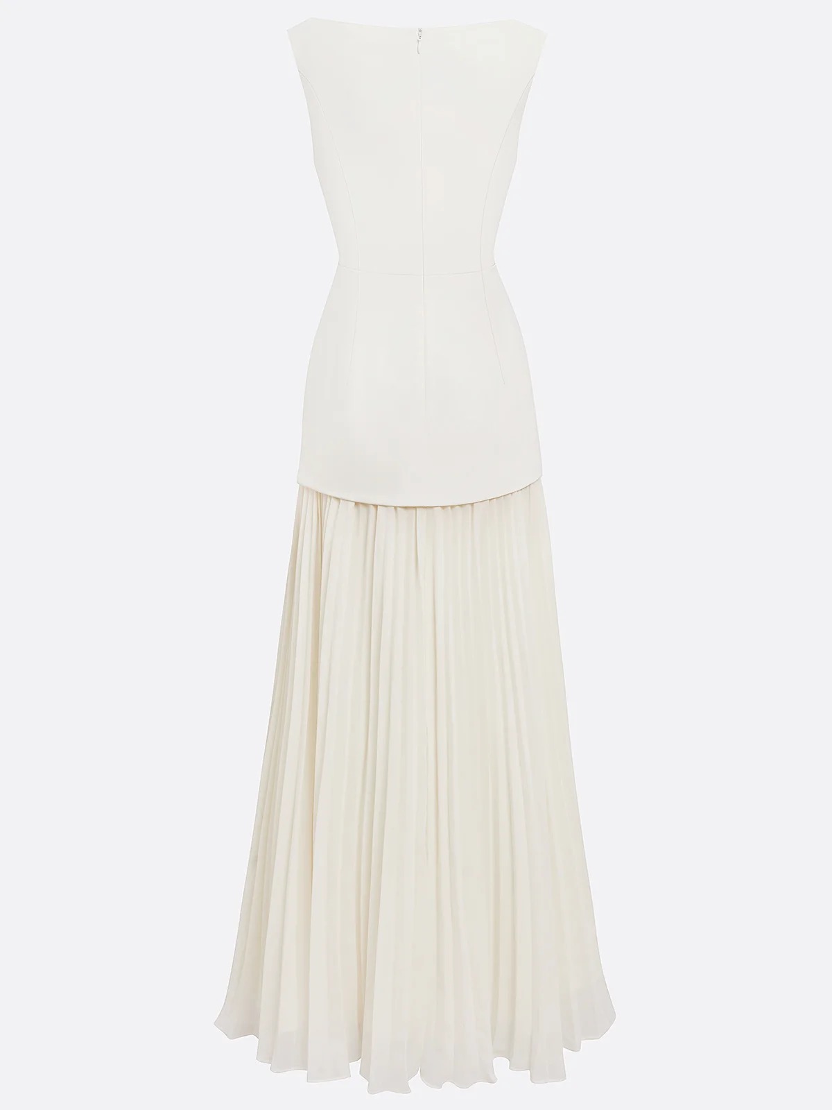 White Pleated Classic Boat Neck Sleeveless A-Line Maxi Dress