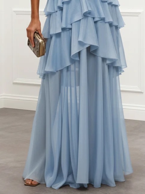Light Blue Ruffled Chiffon Crew Neck Sleeveless A-Line Maxi Dress