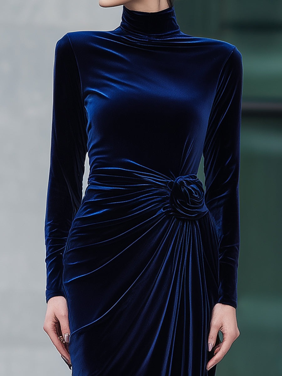 Velvet High-Neck Ruched Evening Gown