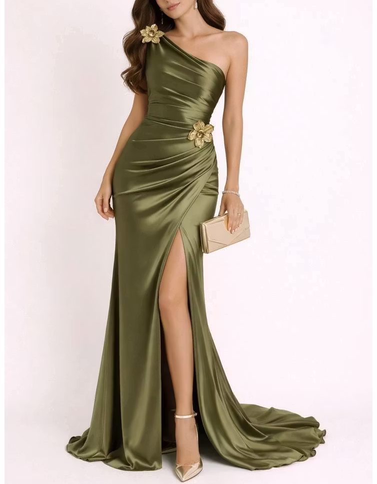 Olive Green Satin One-Shoulder Floral Brooch Maxi Dress