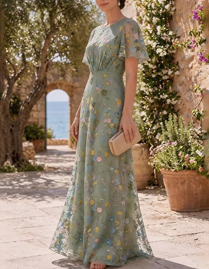 Sage Green Round Neck Flutter Sleeve Floral Embroidery Tulle Maxi Dress