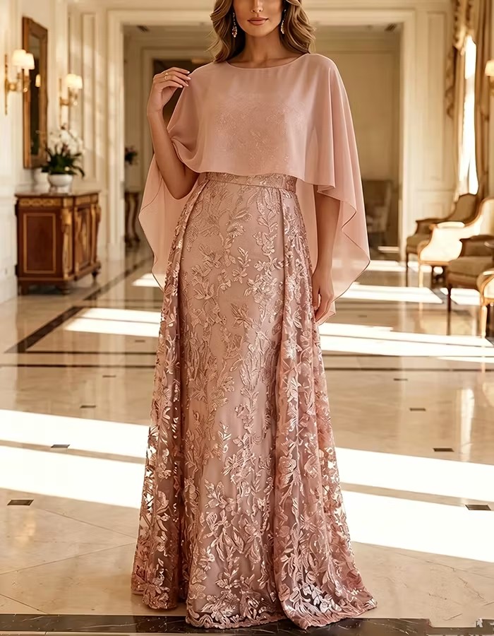 Pink Round Neck Cape Overlay Floral Sequin Lace Maxi Dress