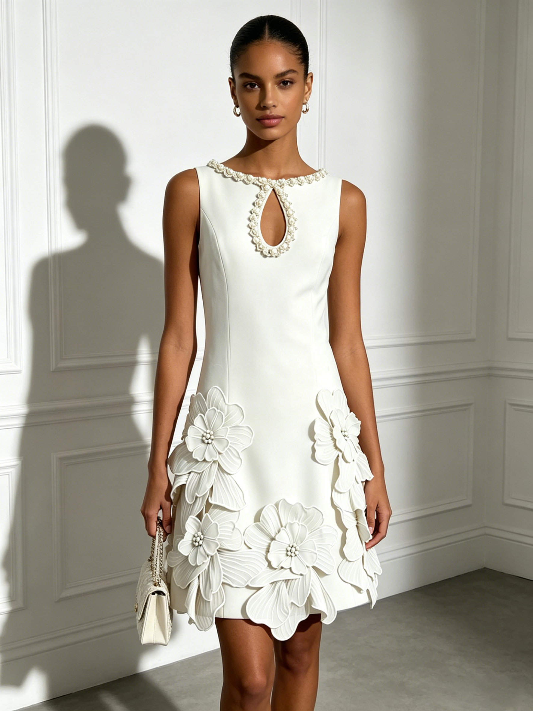 White 3D Floral Pearl Classic Boat Neck Sleeveless A-Line Mini Dress
