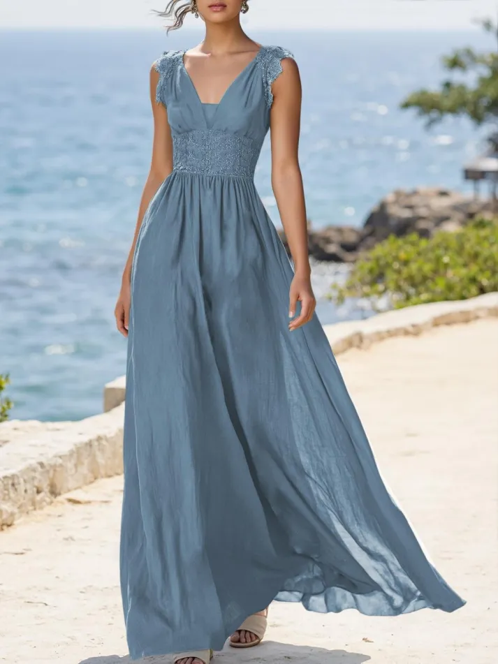 Linen Maxi Dress, Sleeveless, V neck, Plain, Vintage, Cyan