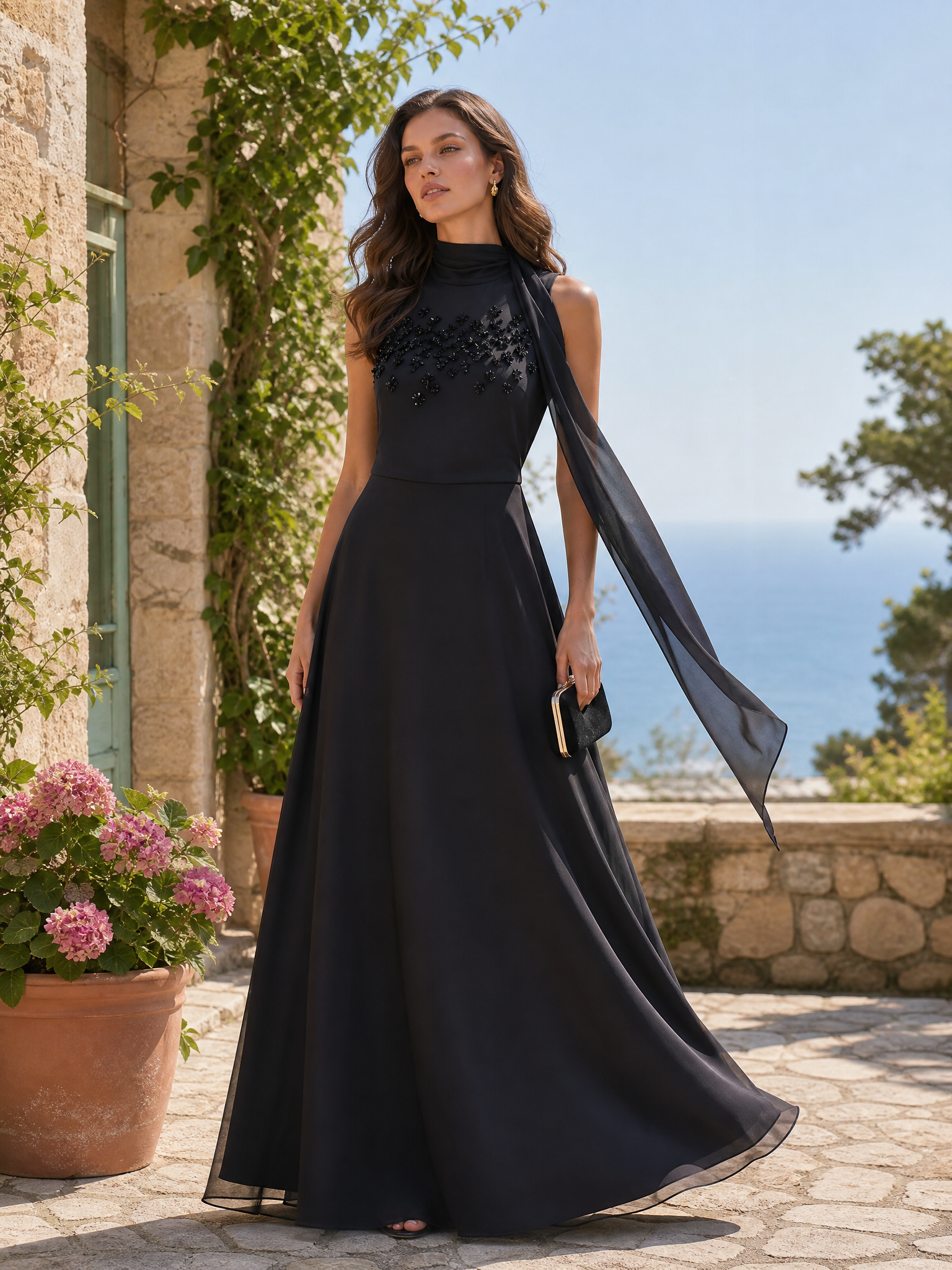Black High Neck Sleeveless Beaded Chiffon Floor Length Gown