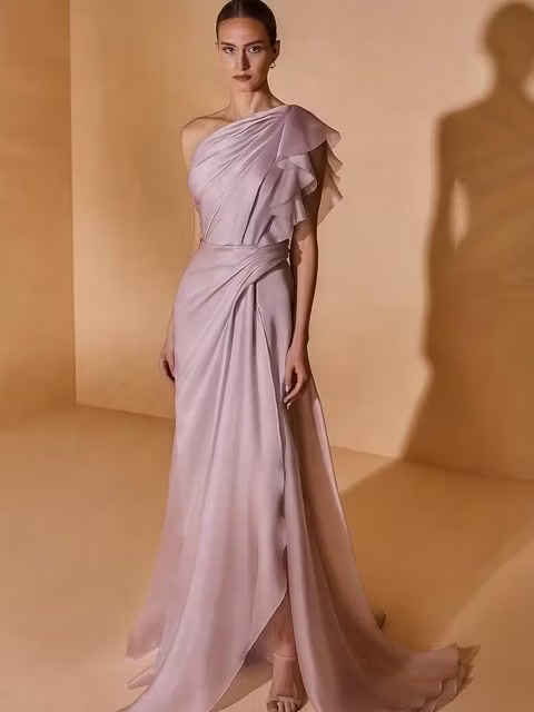 Lavender One-Shoulder Ruffled Draped Maxi Dress