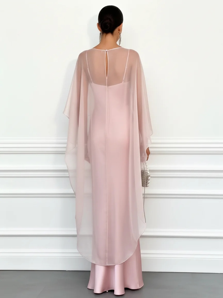 Pink Satin Boat Neck Cap Sleeve Mermaid Floor-length Gown Dress