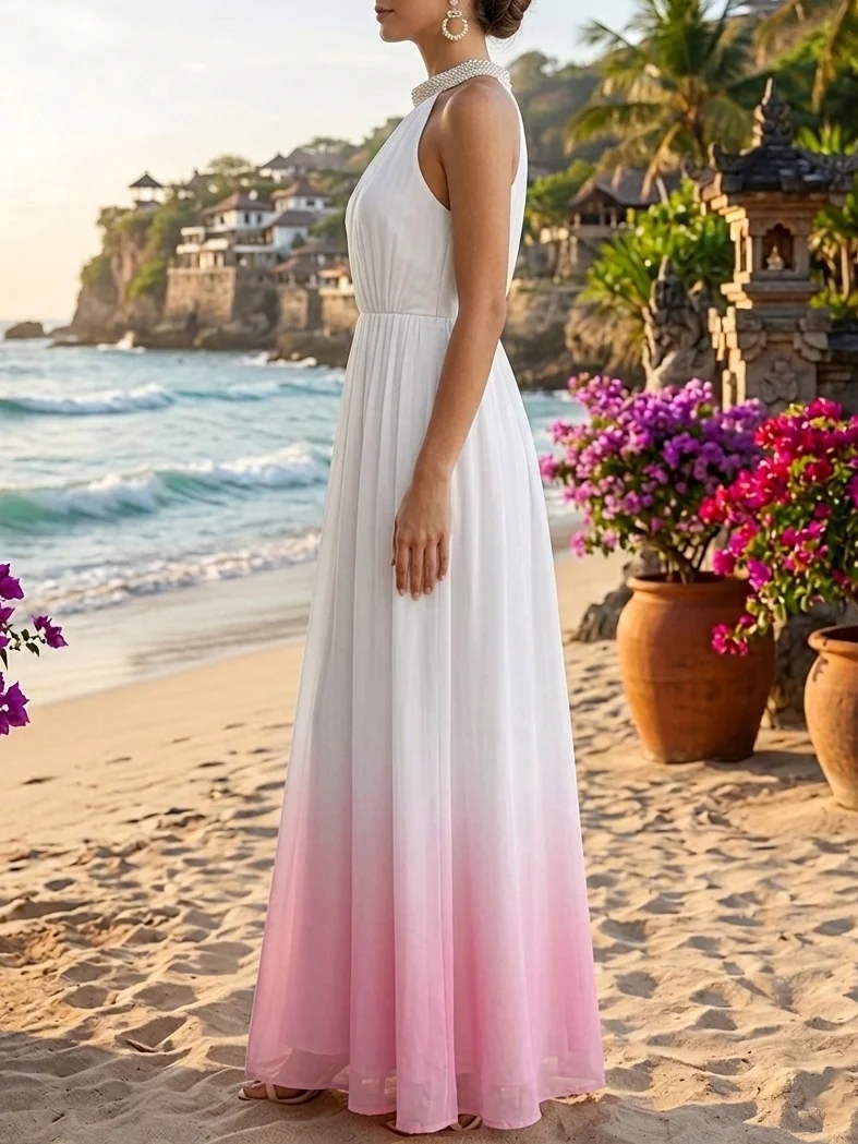 Pink Ombre Halter Maxi Dress Pleated Wedding Guest Gown for Beach & Summer Parties