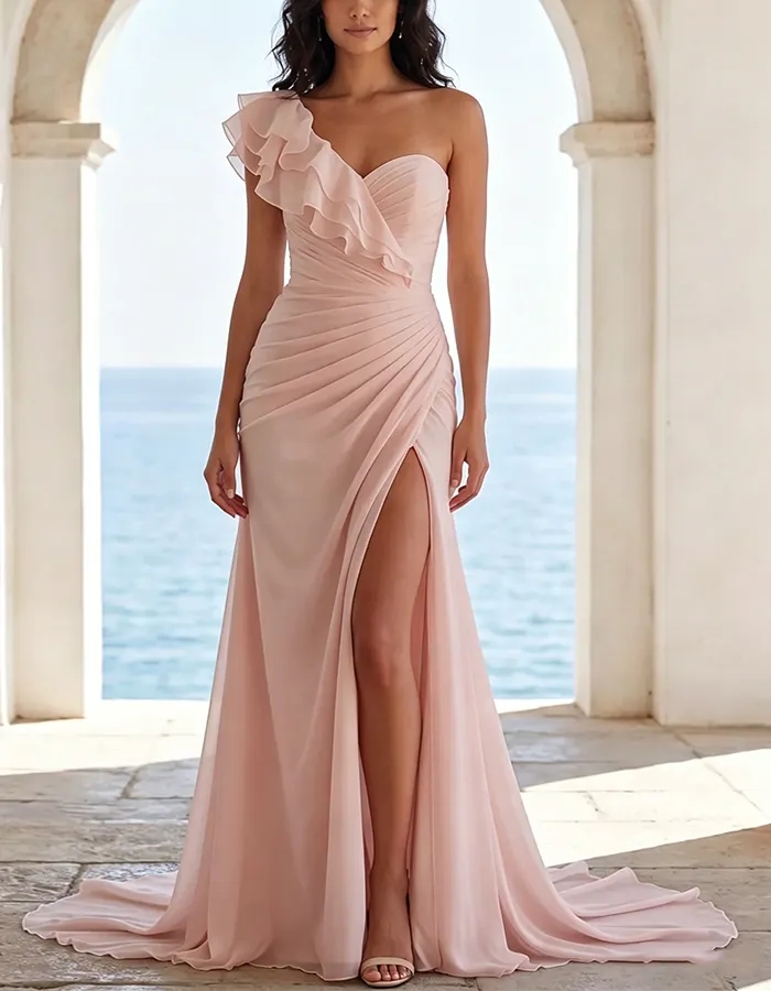 Solid Color Chiffon One Shoulder Ruffle Maxi Dress