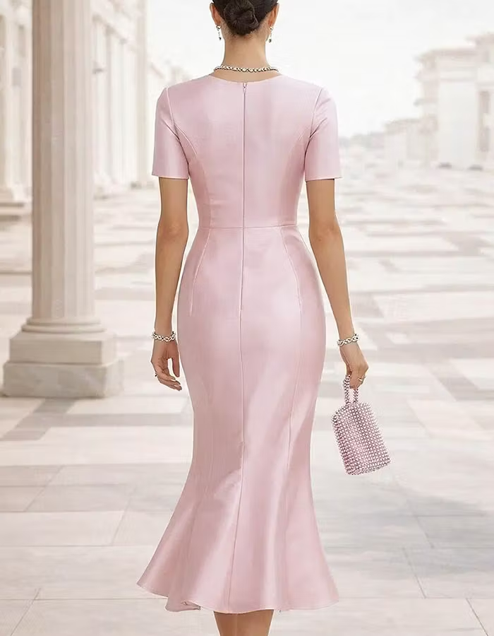 Round Neck Satin Side Ruffle Midi Dress