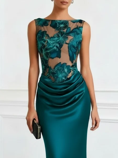 Cyan Jacquard Ruched Satin Boat Neck Sleeveless Sheath Floor-length Gown Dress