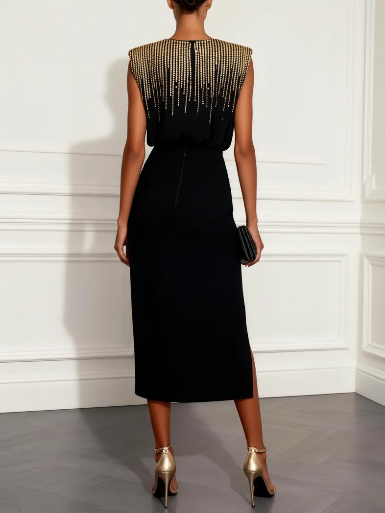 Black Hot Drilling Knit Crew Neck Sleeveless Bodycon Midi Dress