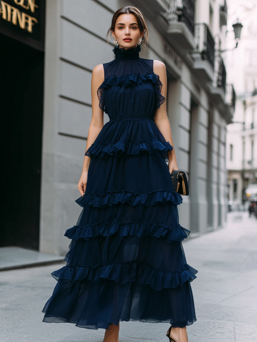 Navy High Neck Tiered Ruffle Maxi Dress