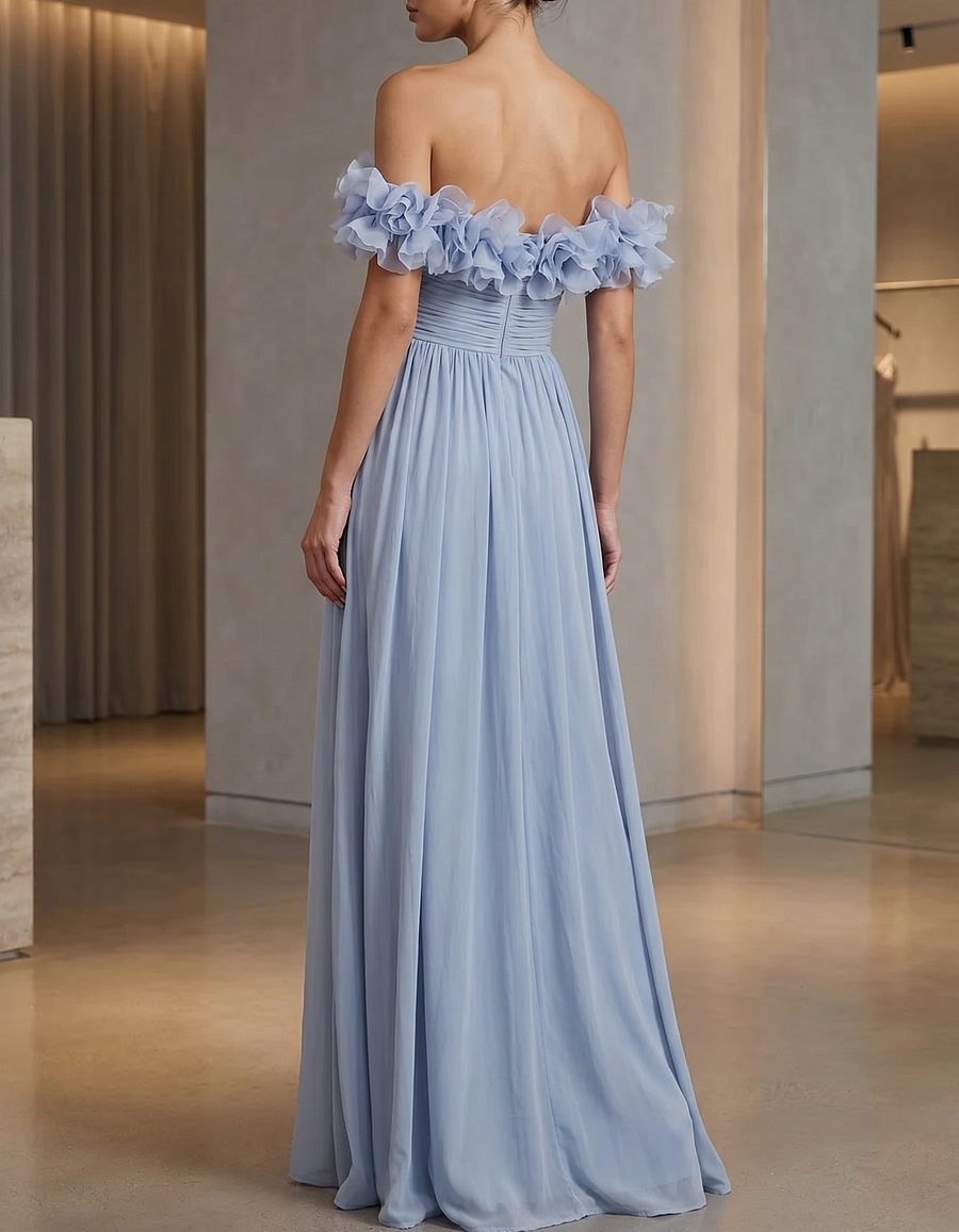 Gray-Blue Chiffon Off-Shoulder Fitted Waist Ruffled Maxi Dress