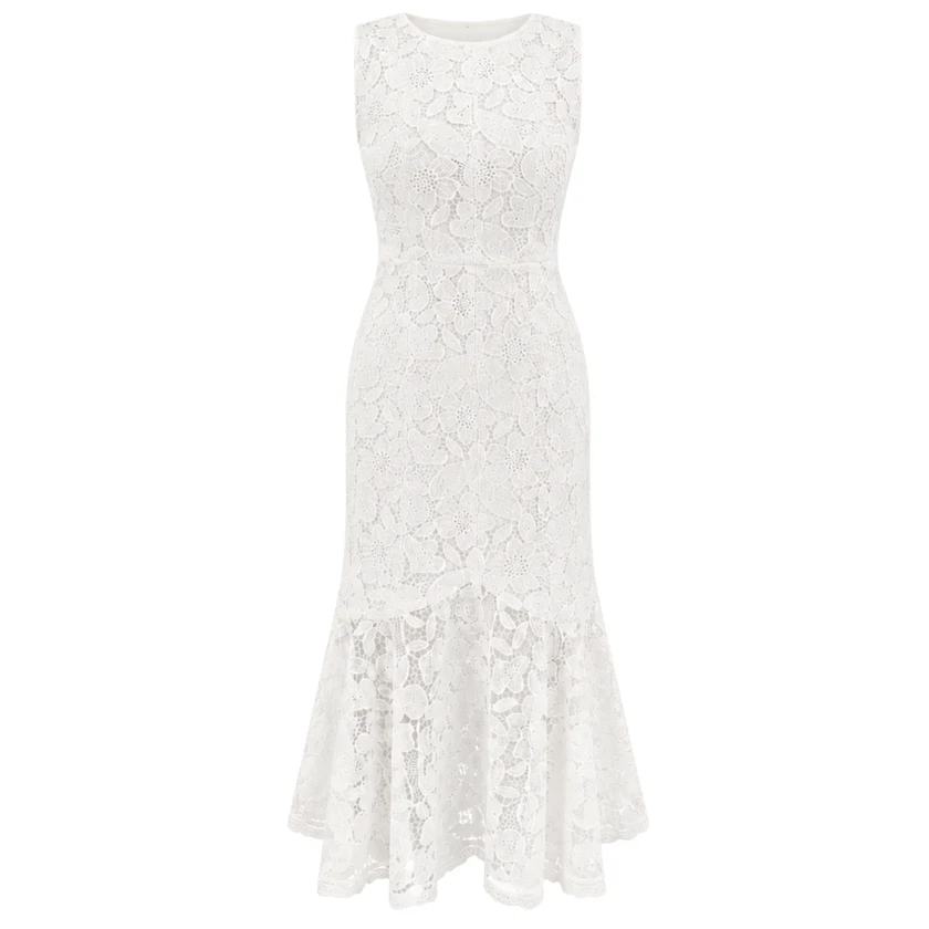 White Lace Dress With Ruffled Hem