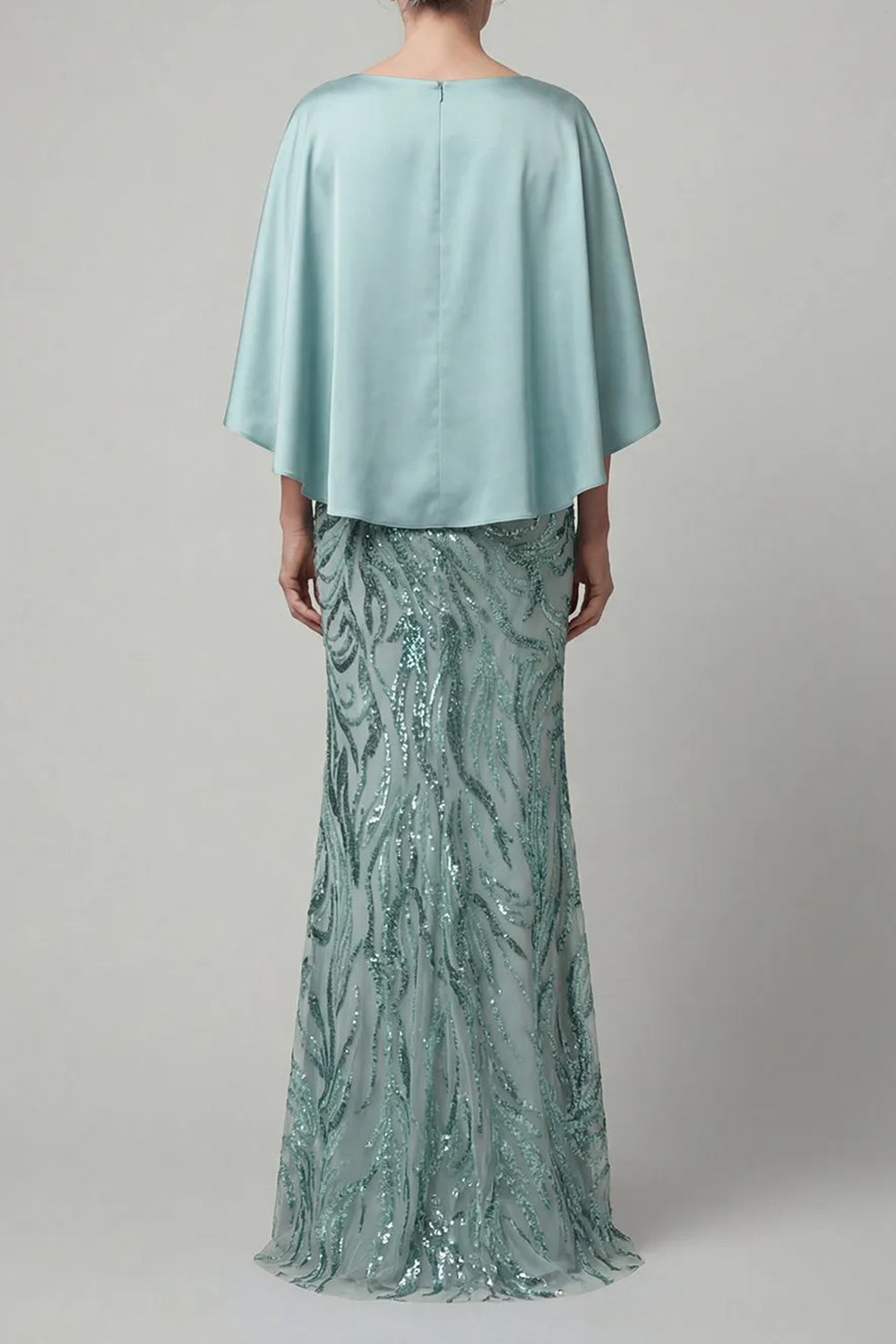 Sage Cape Sleeve Sequin Embellished Mermaid Dress