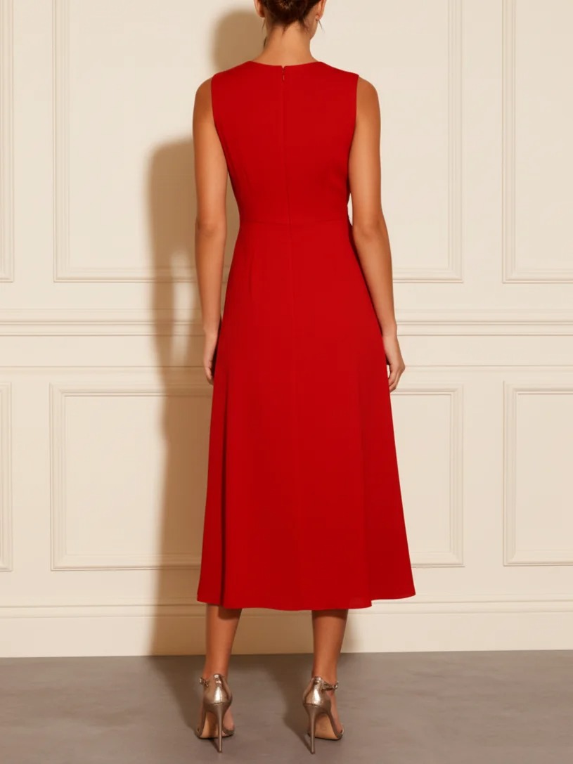 Red Cross Hollow Out Knit Crew Neck Sleeveless A-Line Midi Dress