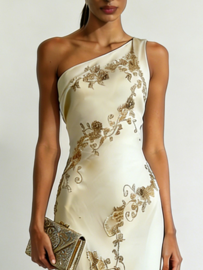 Beige Applique Satin One Shoulder Sleeveless Sheath Maxi Dress